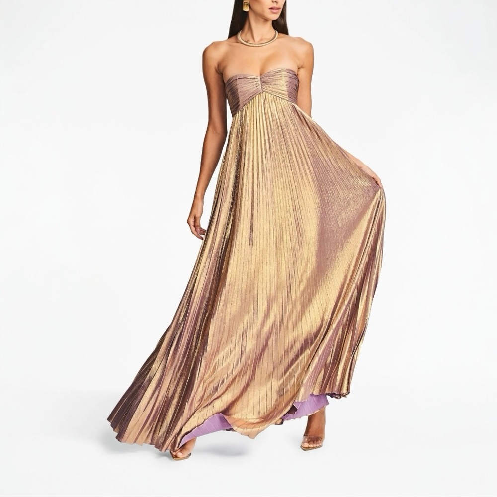 Retrofête Lyanna Metallic Pleated Sweetheart Strapless Maxi Dress Evening Gown - Picture 2 of 15